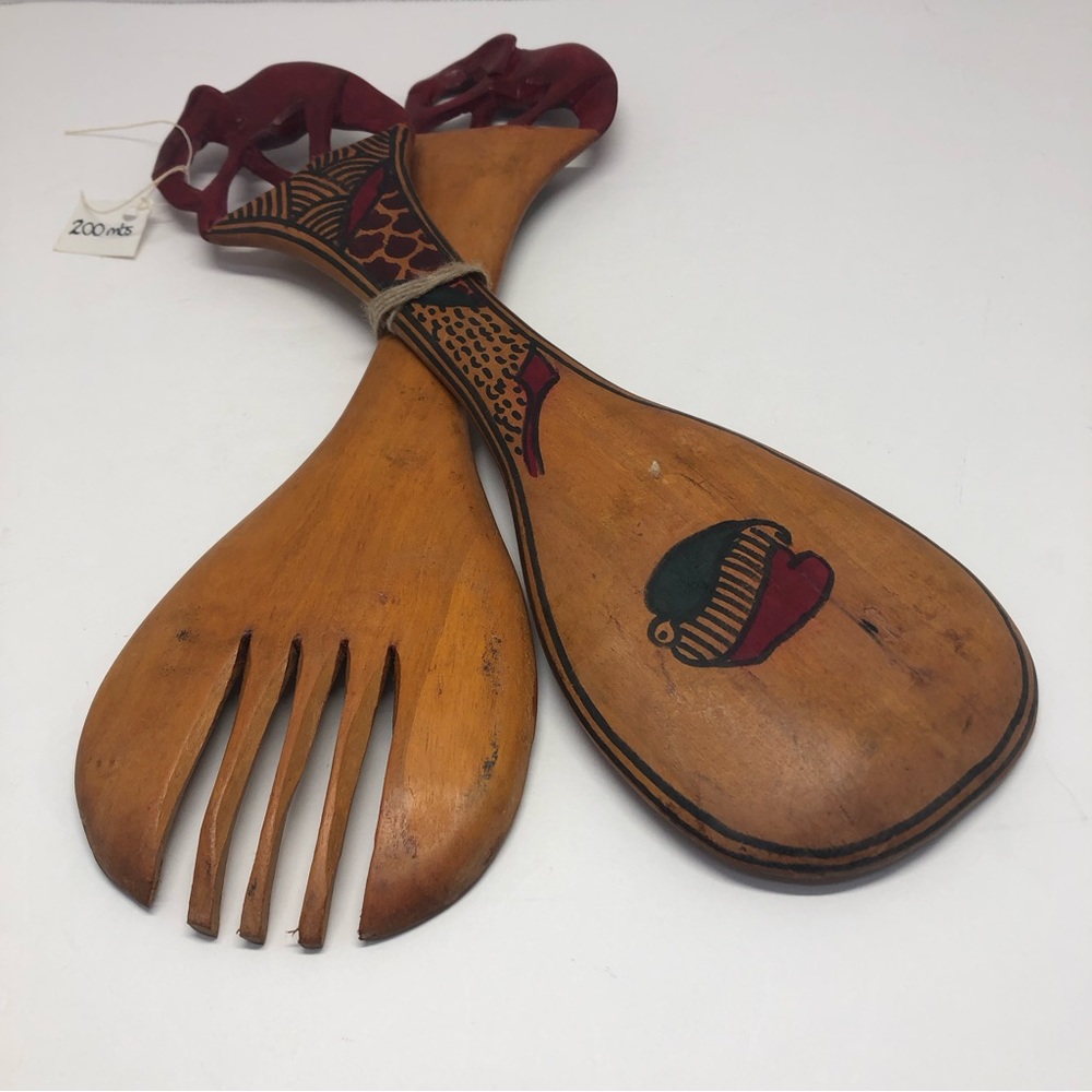 VTG African Hand Carved Wooden Elephant Trunk Down Salad Fork And Spoon